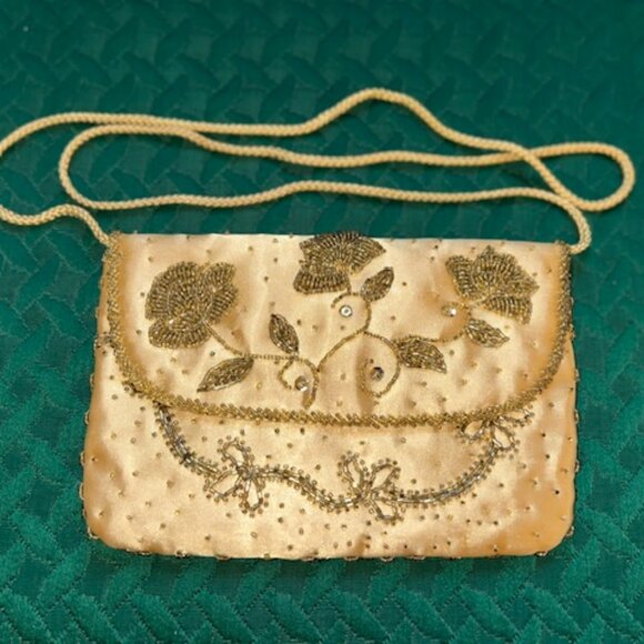 Valerie Stevens Gold Satin Envelope Bag with Beaded Design - Vintage - Picture 2 of 9